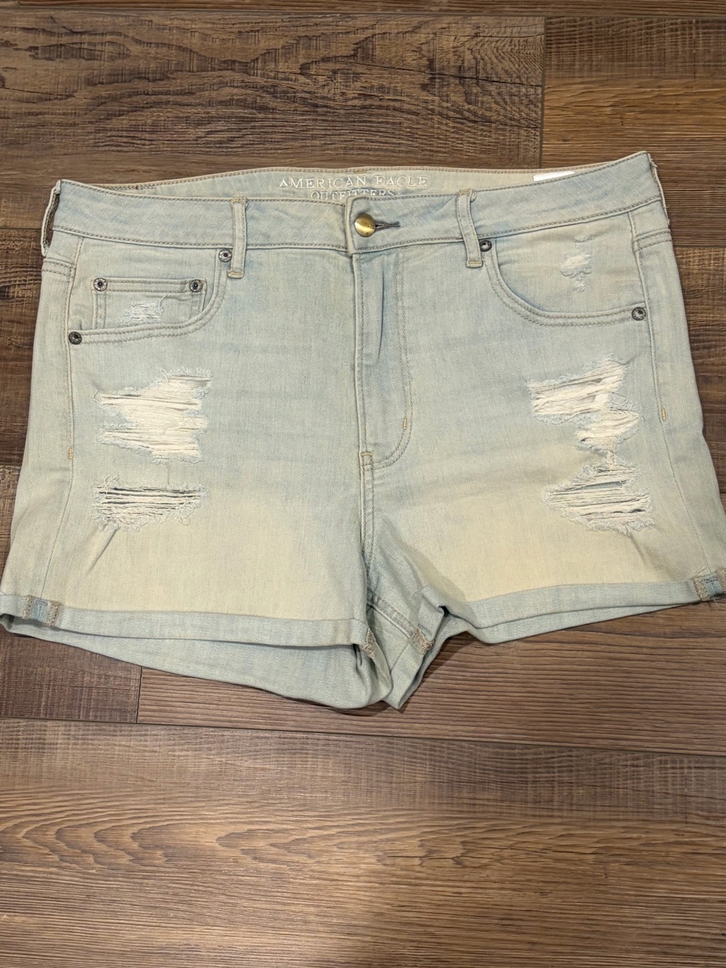 American Eagle Super High Rise Shortie Light Blue Distressed Roll-Hem Jean Short